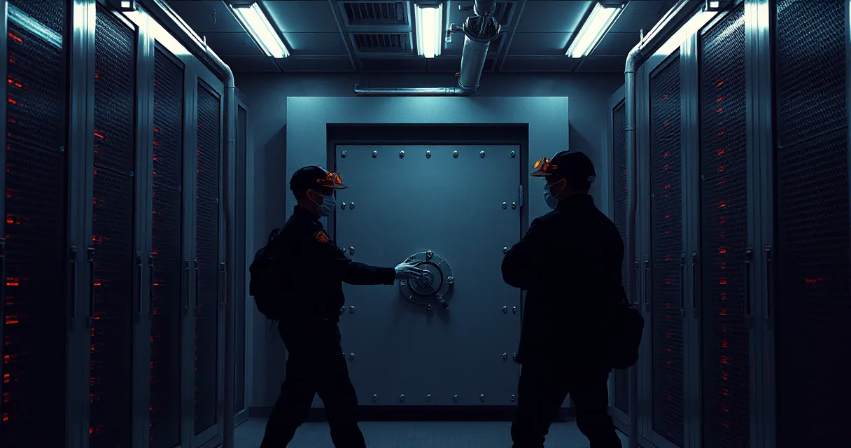 Two figures in protective gear stand before a heavy vault door in a dimly lit server room corridor lined with glowing equipment racks.