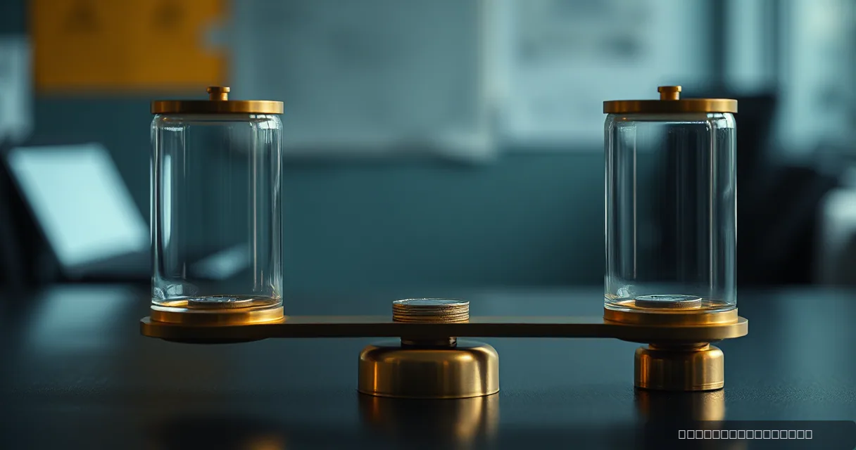 A balanced brass scale with two glass cylinders on either side sits on a dark surface. A small coin-like weight rests in the center of the beam, symbolizing the balance between reserve assets and active staking rewards.