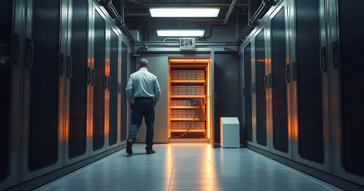 A person stands in a corridor lined with tall server racks, looking toward an open doorway where a glowing orange light illuminates internal hardware components.