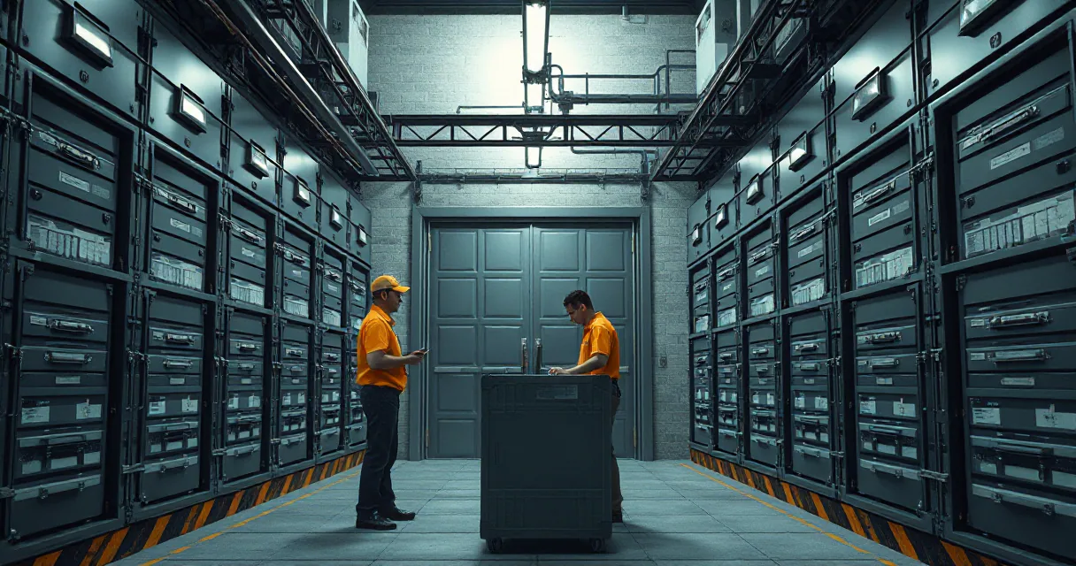 Two workers in solid orange shirts stand before a large metal cabinet in a high-security data vault with rows of server racks on either side.