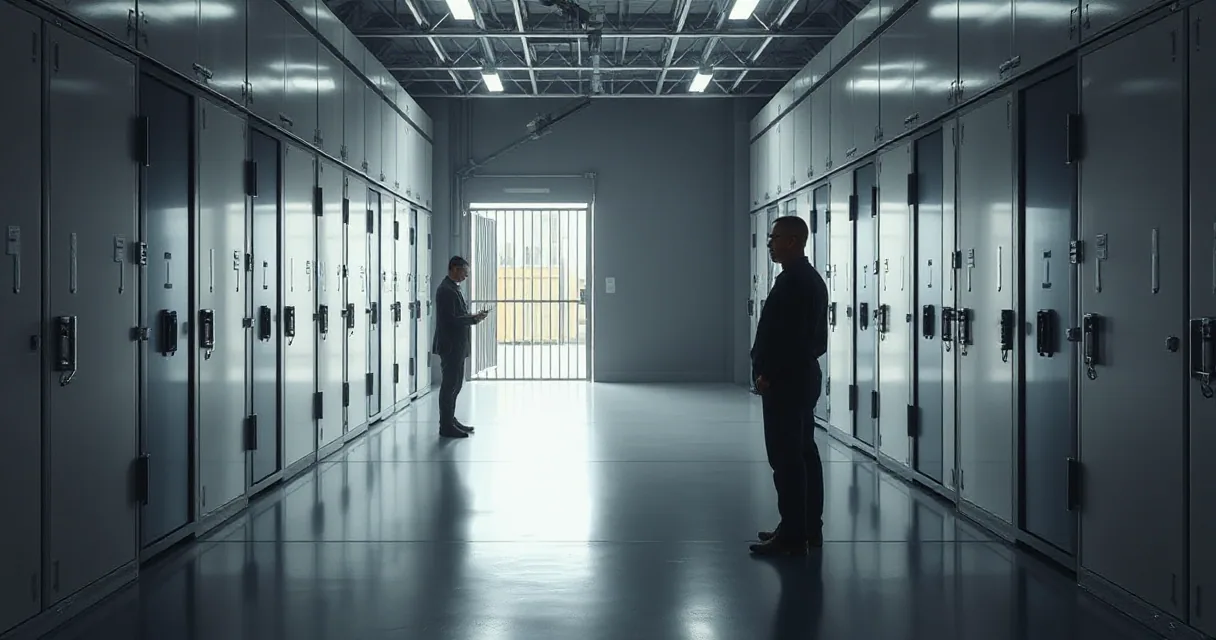 Two men stand facing each other in a long, brightly lit industrial hallway lined with rows of metallic storage lockers. The scene is rendered in cool tones of grey and blue, creating a sense of high-security infrastructure.