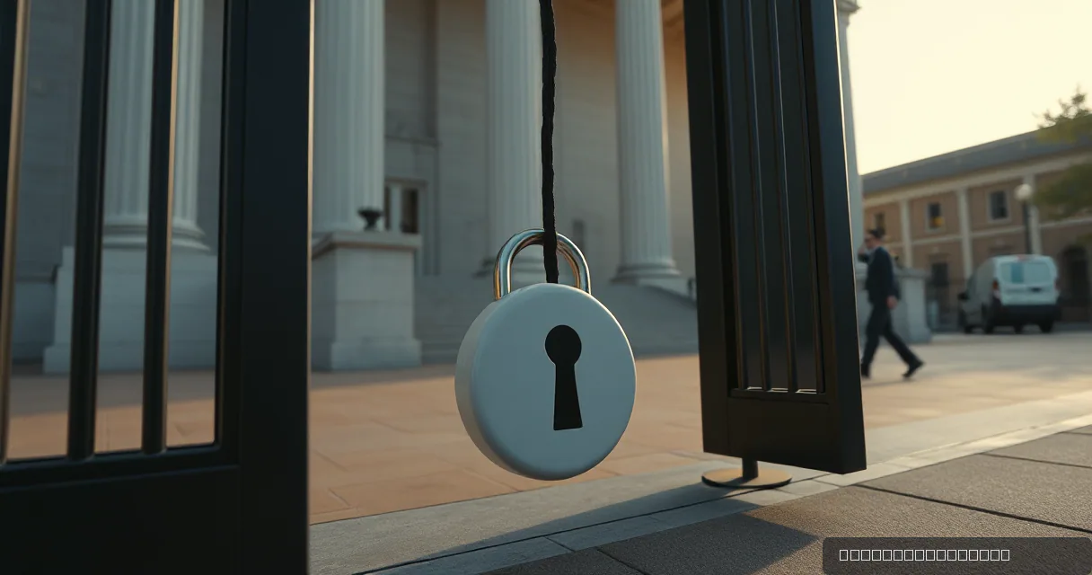 A close-up shot of a large white ceramic lock with a keyhole, securing a thick black cable at the entrance of a grand building with classical columns. One gate is open while another remains closed in the background.
