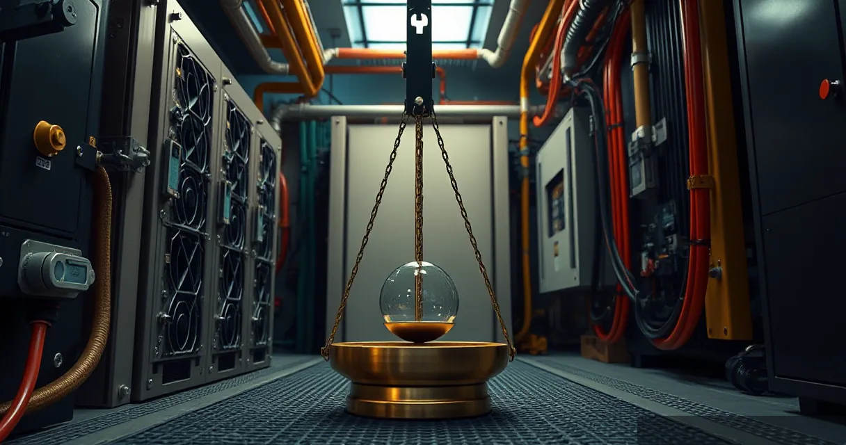 A cinematic editorial shot inside a high-tech industrial facility where a large brass scale holds a glass sphere filled with golden liquid, symbolizing market stability. The background features heavy machinery and cooling systems in muted tones of copper and navy.
