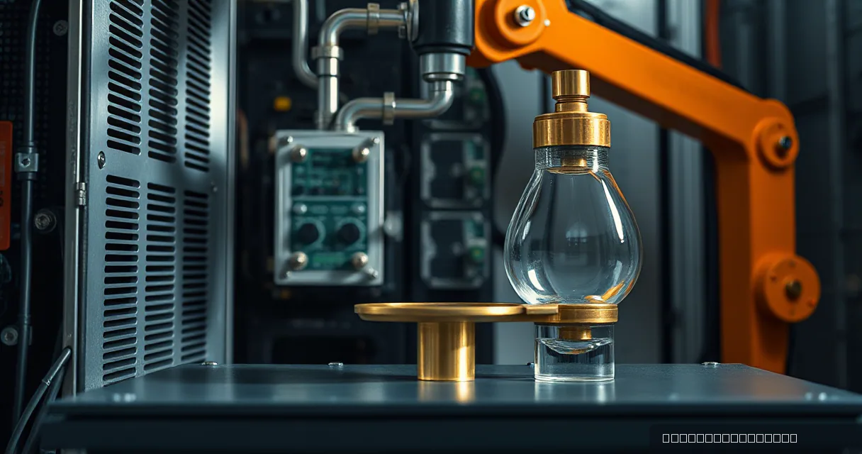A cinematic close-up of a brass counterweight and a glass vessel on a metallic platform within an industrial facility, symbolizing the balancing of market regulations.