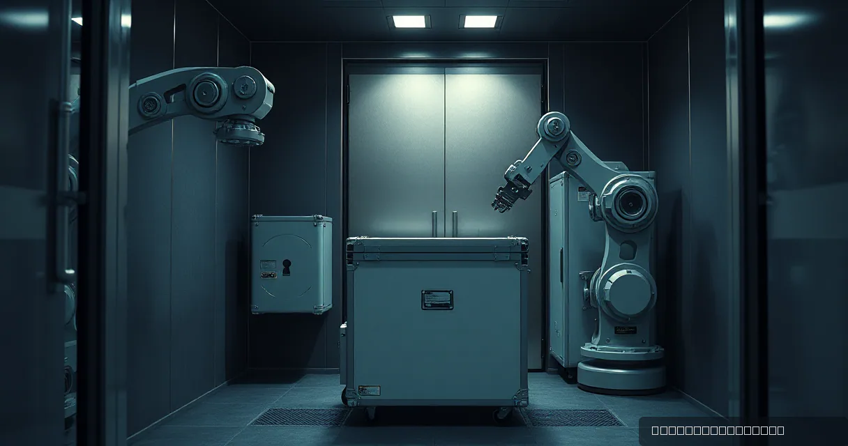 Two mechanical robot arms operate near a large, sealed metal container inside a dimly lit, high-security vault with heavy doors in the background.