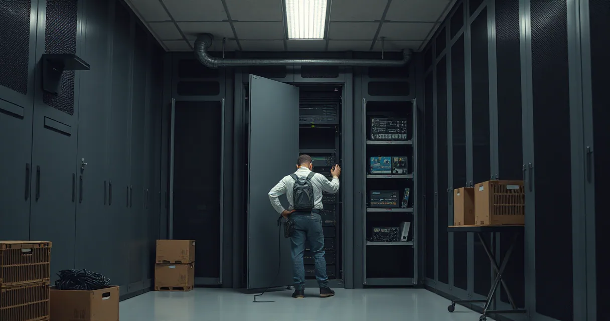 A technician in plain clothing works on a server rack inside a dimly lit data center with open doors and industrial equipment.