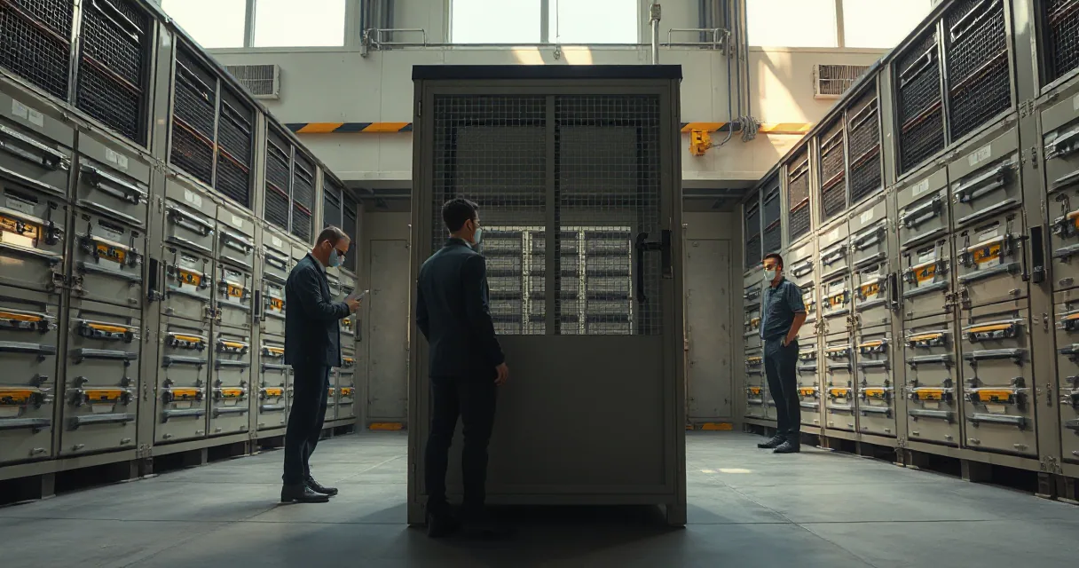 Two men in suits stand before a heavy metal gate in a high-security vault filled with rows of industrial storage units, symbolizing the secure bridge between traditional finance and regulated stablecoins.