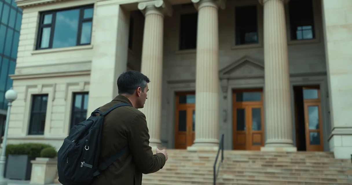 A man with a backpack stands before the large stone columns and steps of a government building or courthouse, symbolizing the intersection of cryptocurrency and legal regulation.