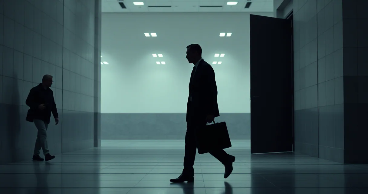 A silhouetted figure carrying a briefcase walks through a minimalist, high-contrast hallway with large tiles and industrial lighting, symbolizing the transition into a regulated financial zone.