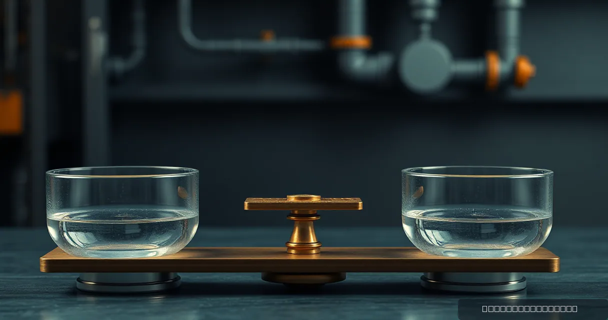 A balanced brass scale holds two clear glass bowls filled with water, set against a blurred industrial background of pipes and machinery in muted tones.