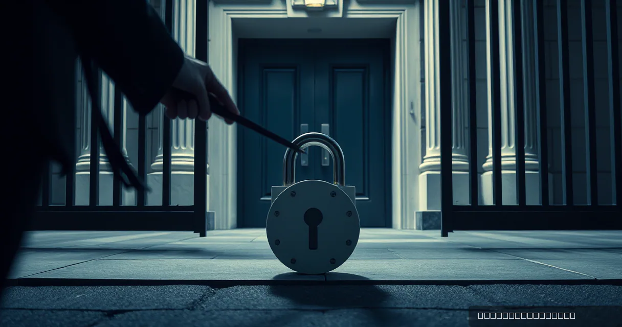A close-up cinematic shot shows a large, metallic padlock securing a gate in front of a formal building entrance, symbolizing the closing of a regulatory window for crypto services in the EU.