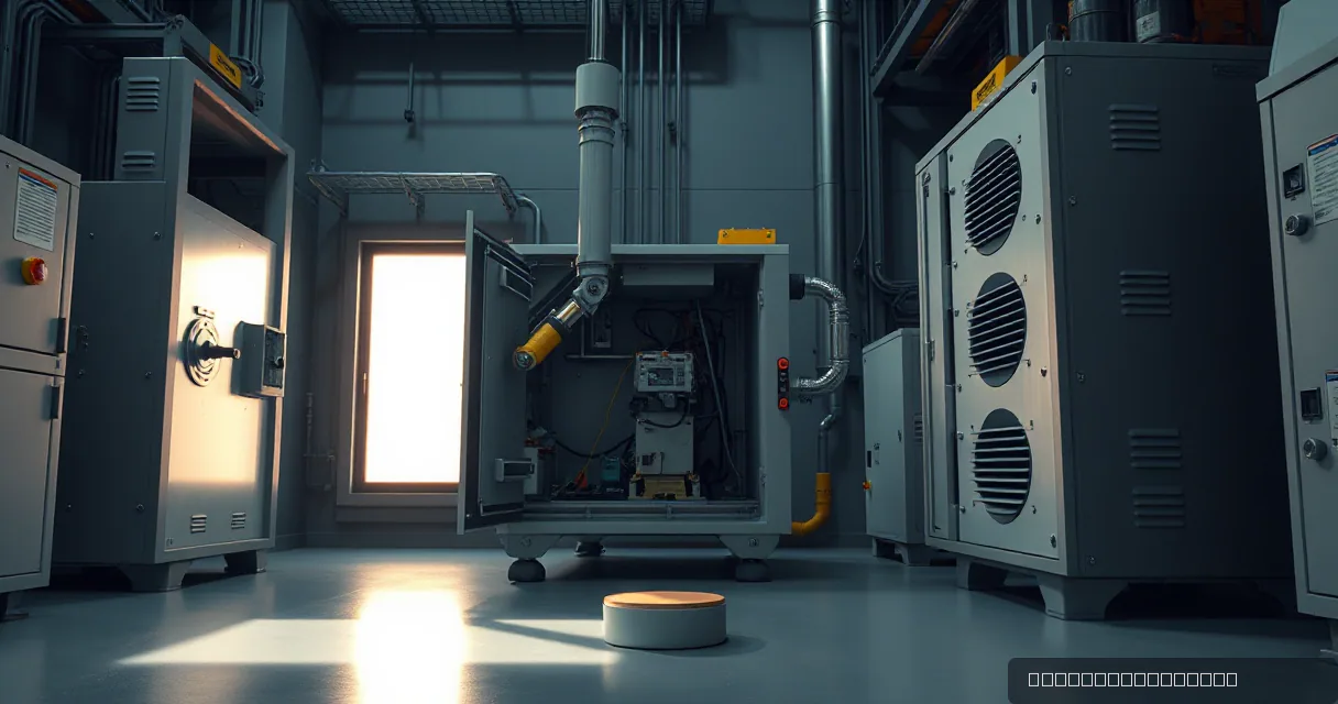 An industrial interior featuring large grey machinery and an open service cabinet revealing internal components. A bright light shines from a doorway in the background, casting long shadows across the floor.