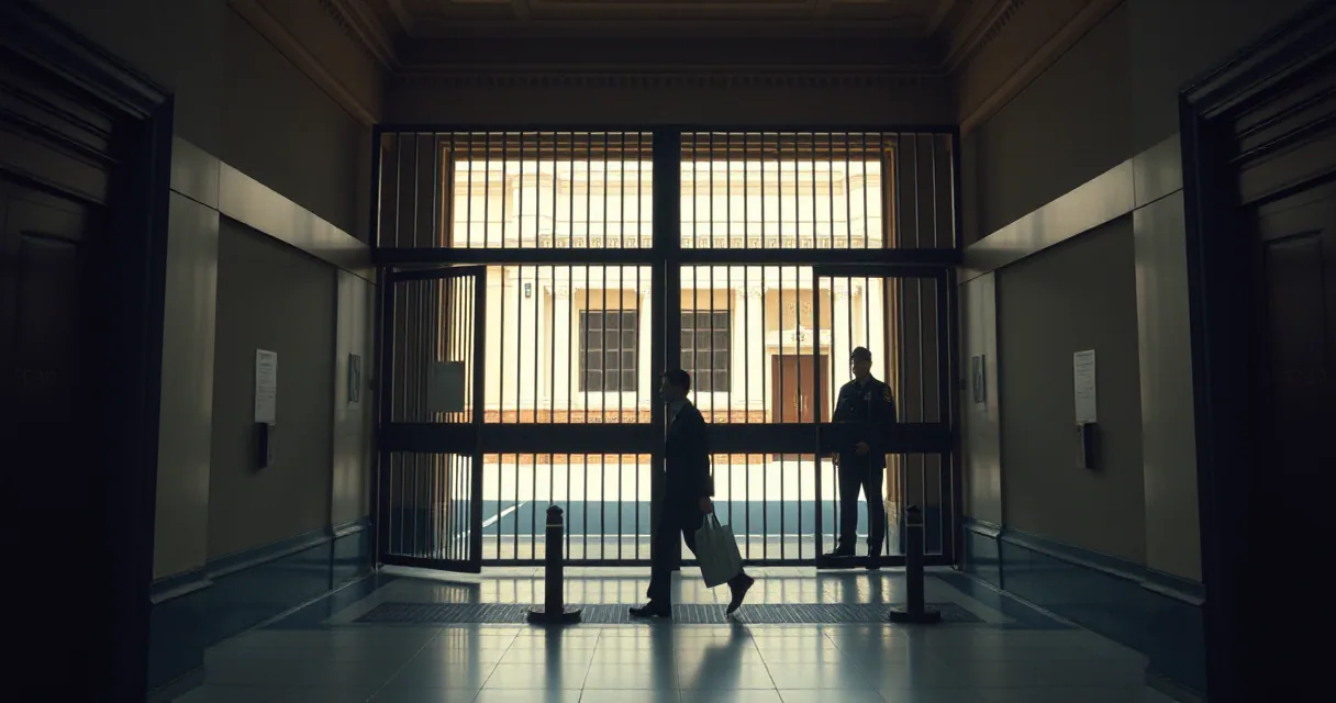 A cinematic wide shot of an orderly hall where two figures stand before a large, gated entrance. One figure carries a bag and moves toward the light through the gate, while another stands guard nearby, symbolizing the transition into a regulated financial framework.