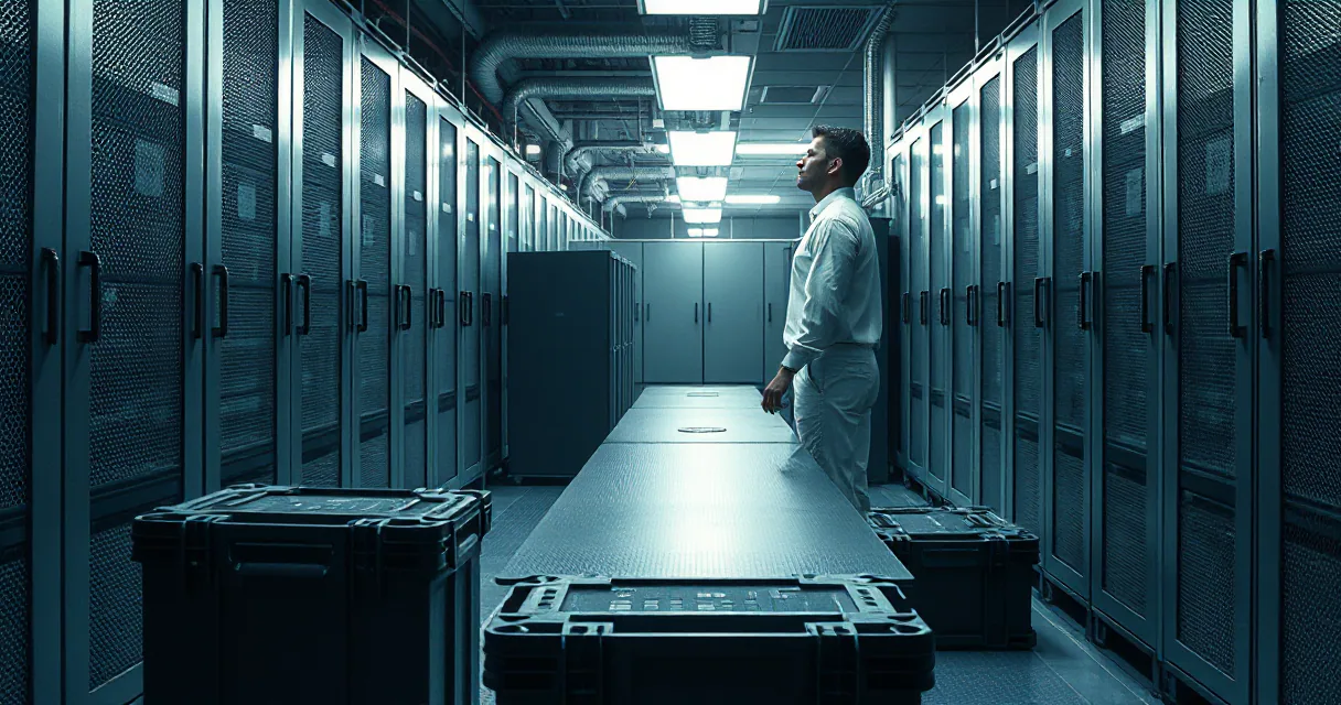 A technician in white uniform stands in a dimly lit, futuristic data center aisle lined with metallic server racks. The scene is bathed in a cool blue light, emphasizing the scale of the infrastructure required for high-speed digital transactions.