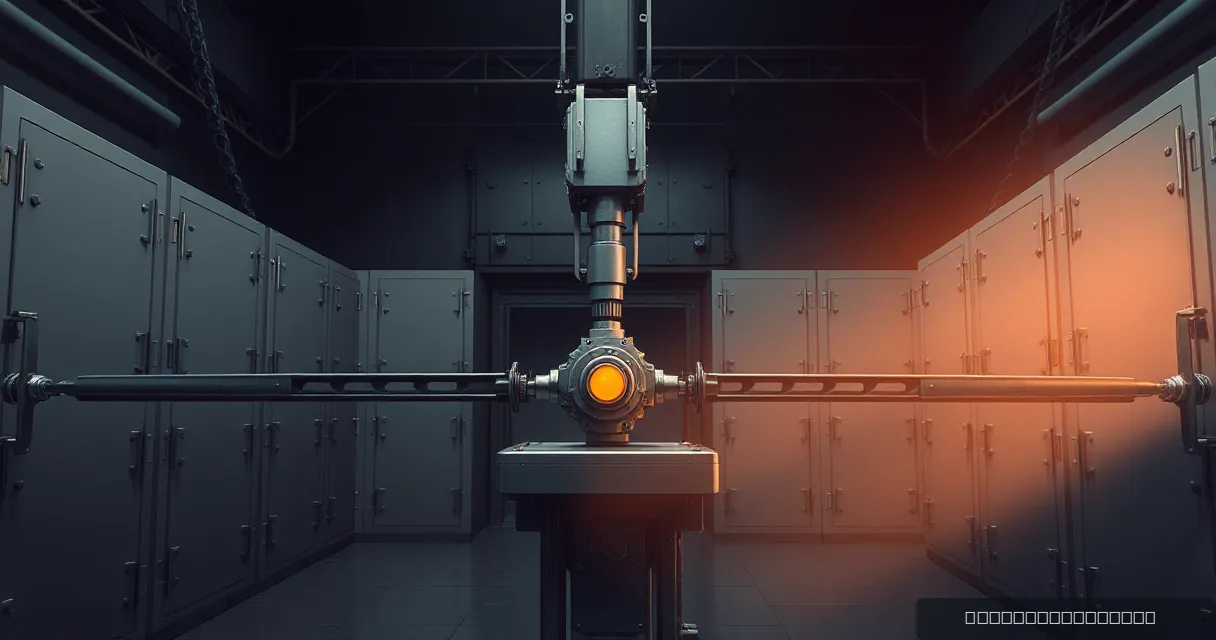 A cinematic editorial image showing a heavy industrial corridor lined with armored vaults. In the center, a mechanical bridge structure connects two sides, featuring a glowing amber core at its junction point, symbolizing a technological link between financial systems.