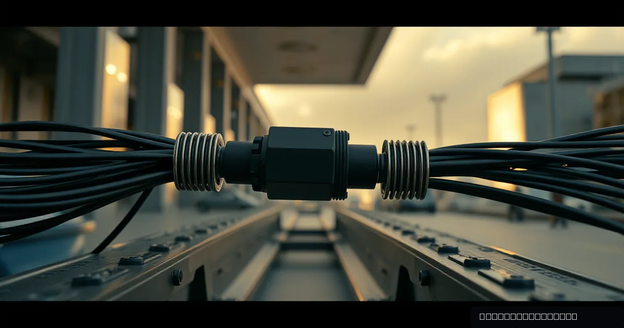 A close-up of a heavy-duty industrial relay connecting two bundles of thick cables in a blurred urban transit setting during golden hour.