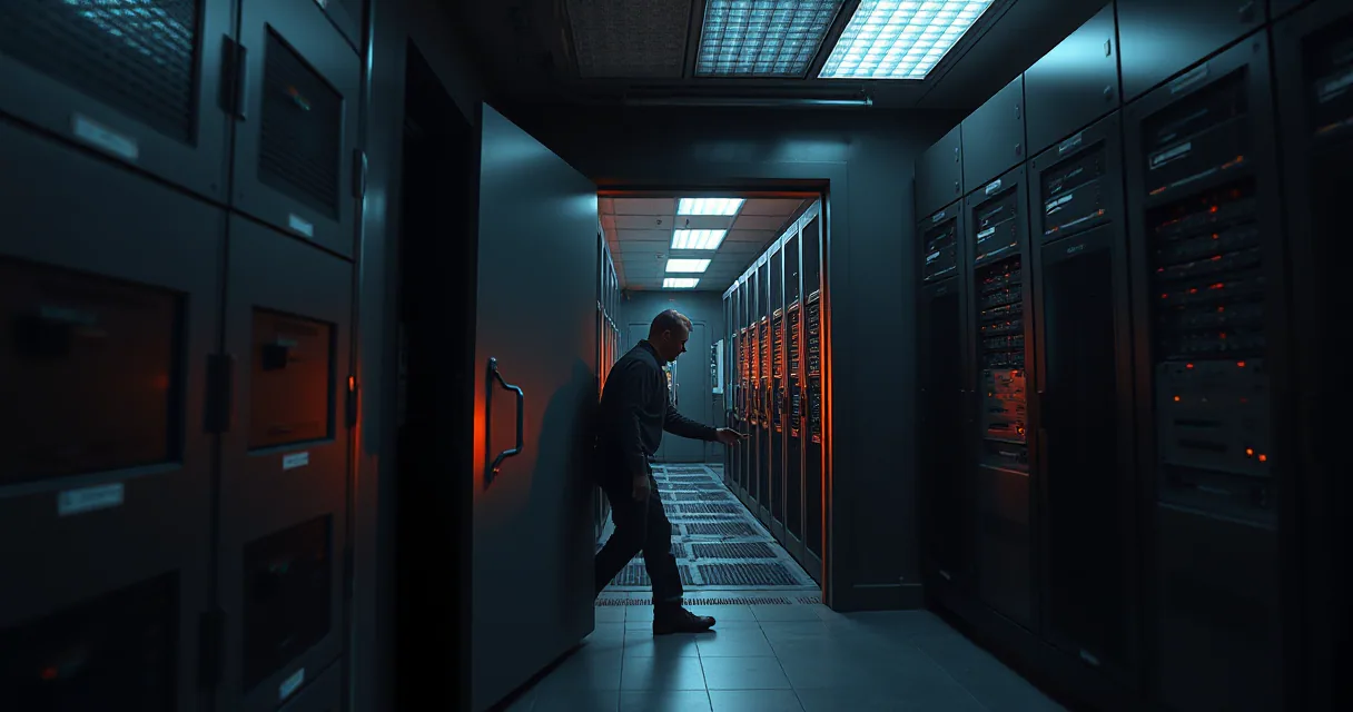A technician in dark clothing works within a high-tech server room where a door stands open, revealing rows of servers glowing with amber lights against a cool blue interior.